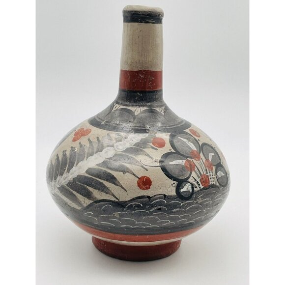 Vintage Mexico Pottery Folk Art Vase Tonala Bottle Hand Painted - Picture 3 of 8